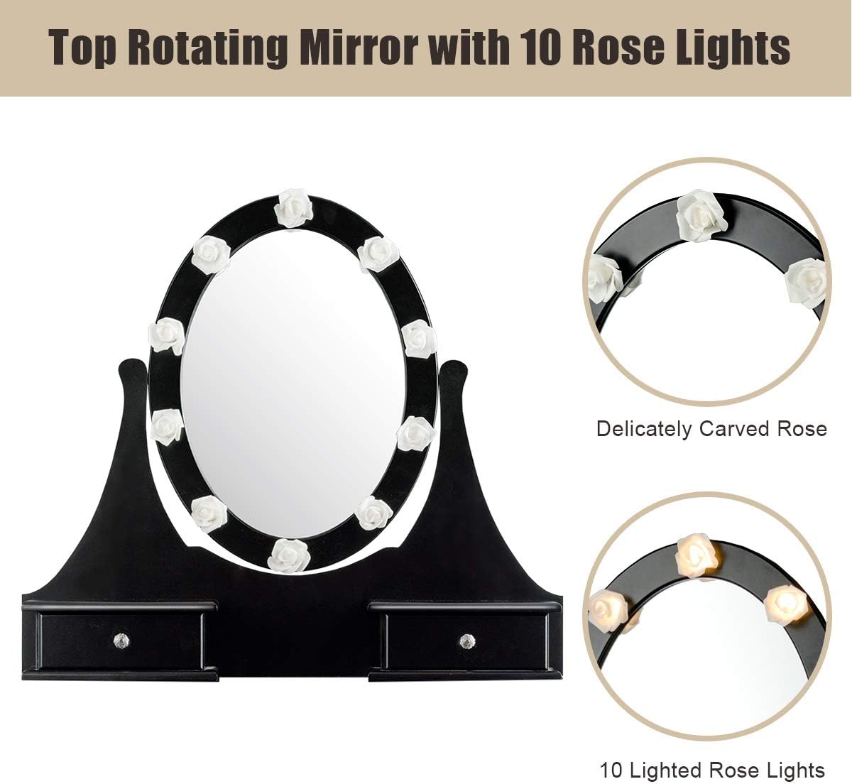 Giantex Vanity Set with Lighted Mirror, Makeup Table with 10 Rose Light, Modern Dressing Desk with Cushioned Stool, 3 Drawers and 360° Rotating Mirror for Bedroom, Vanity Table with Stool (Black)