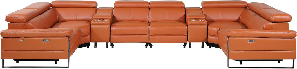 BlackJack Furniture Antonio 8 Piece U Shaped Power Reclining Sectional Sofa, Modular Couch with Top Grain Italian Leather, 4 Electric Recliners, USB & Wireless Chargers, Storage Console, Camel