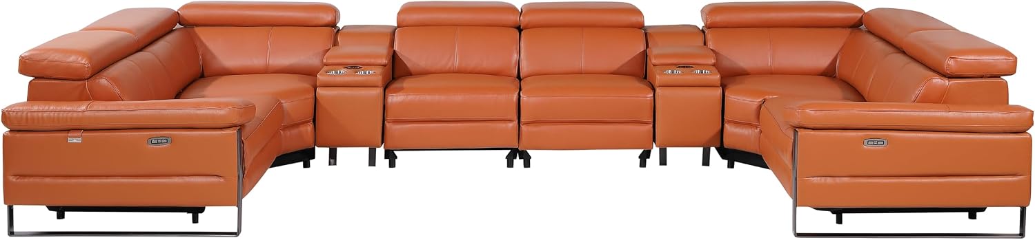BlackJack Furniture Antonio 8 Piece U Shaped Power Reclining Sectional Sofa, Modular Couch with Top Grain Italian Leather, 4 Electric Recliners, USB & Wireless Chargers, Storage Console, Camel