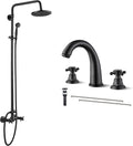 gotonovo Oil Rubbed Bronze Rain Shower System 2 Knobs 8 Inch Rainfall Shower Head with 3 Hole Widespread Bathroom Faucet 8 inch Chrome Polished 2 Cross Handle Pop Up Drain with Overflow