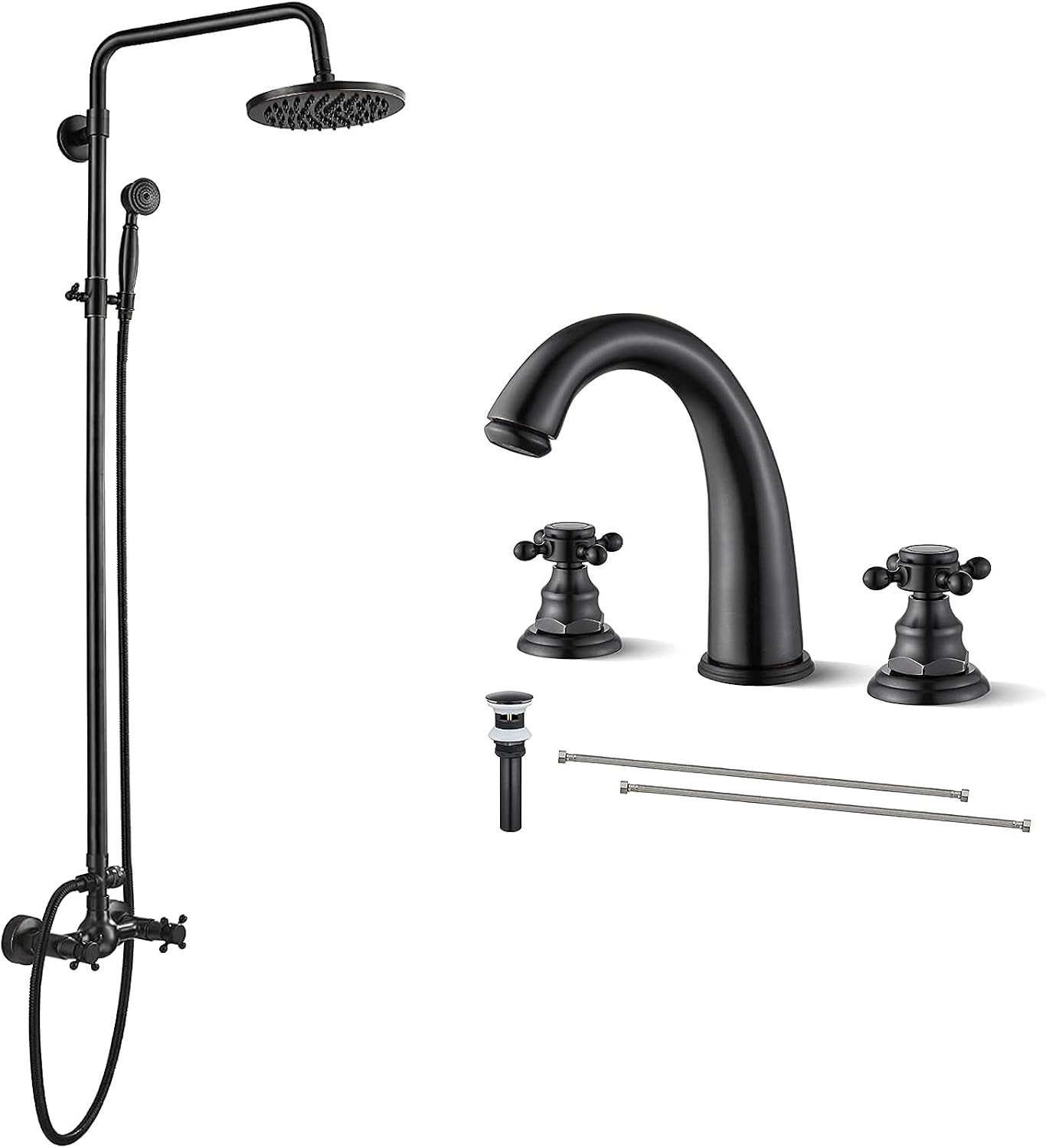 gotonovo Oil Rubbed Bronze Rain Shower System 2 Knobs 8 Inch Rainfall Shower Head with 3 Hole Widespread Bathroom Faucet 8 inch Chrome Polished 2 Cross Handle Pop Up Drain with Overflow