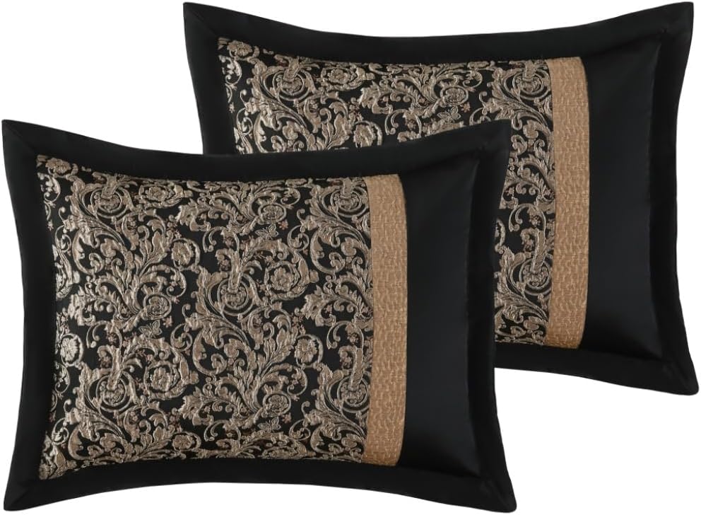 Bedduvit Luxury 7 Piece King Comforter Set - Vintage Elegant Floral Jacquard Black and Gold Bed in Bag King, Chic Stripe Botanical Patchwork Thick Bedding Set with Bed Skirt, Decorative Pillows, Shams