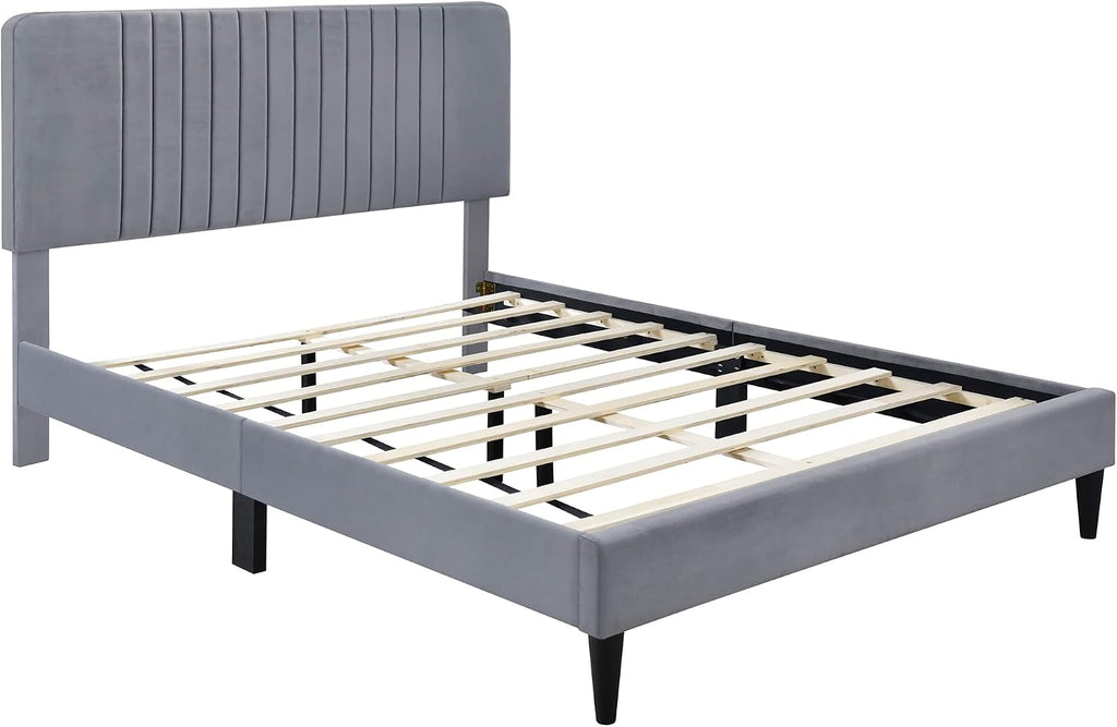KLMM Elegant Full Size Upholstered Platform Bed,No Box Spring Needed, Velvet Fabric, Suitable for Bedroom Use, Easy to Assemble (Gray#K^)