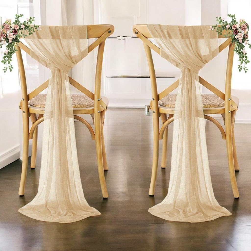 MDS® Pack of 75 Chiffon Chair Sashes Bows for Wedding Events Supplies, Decorations for Birthday Party, Graduation, Engagement, Chair Sashes fits Banquet Chair Cover Tie Back Band - Champagne Gold
