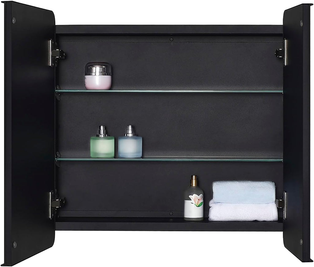 IDYLLOR Black Bathroom Medicine Cabinet with Round Corner Framed Door and Beveled Edge Mirror 22 x 20 inch, Recessed or Surface Mount, with Adjustable Glass Shelves