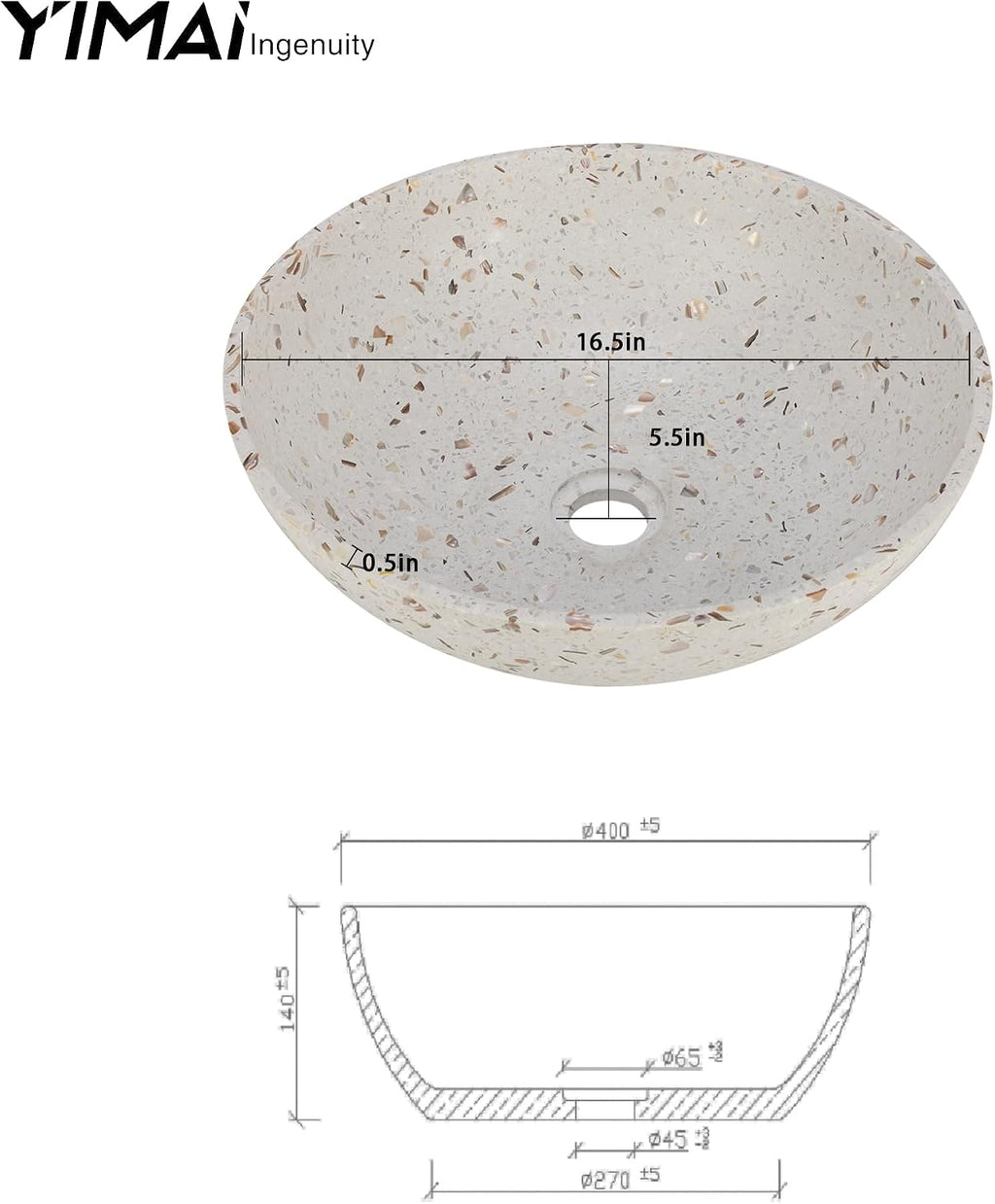 YIMAI Terrazzo Vessel Sink with Faucet and Drain, 15.7' Round Concrete Bathroom Sink Above Counter, Modern Artisanal Wash Basin Bowl with Matte Finish, Easy Install Combo Set for Vanity