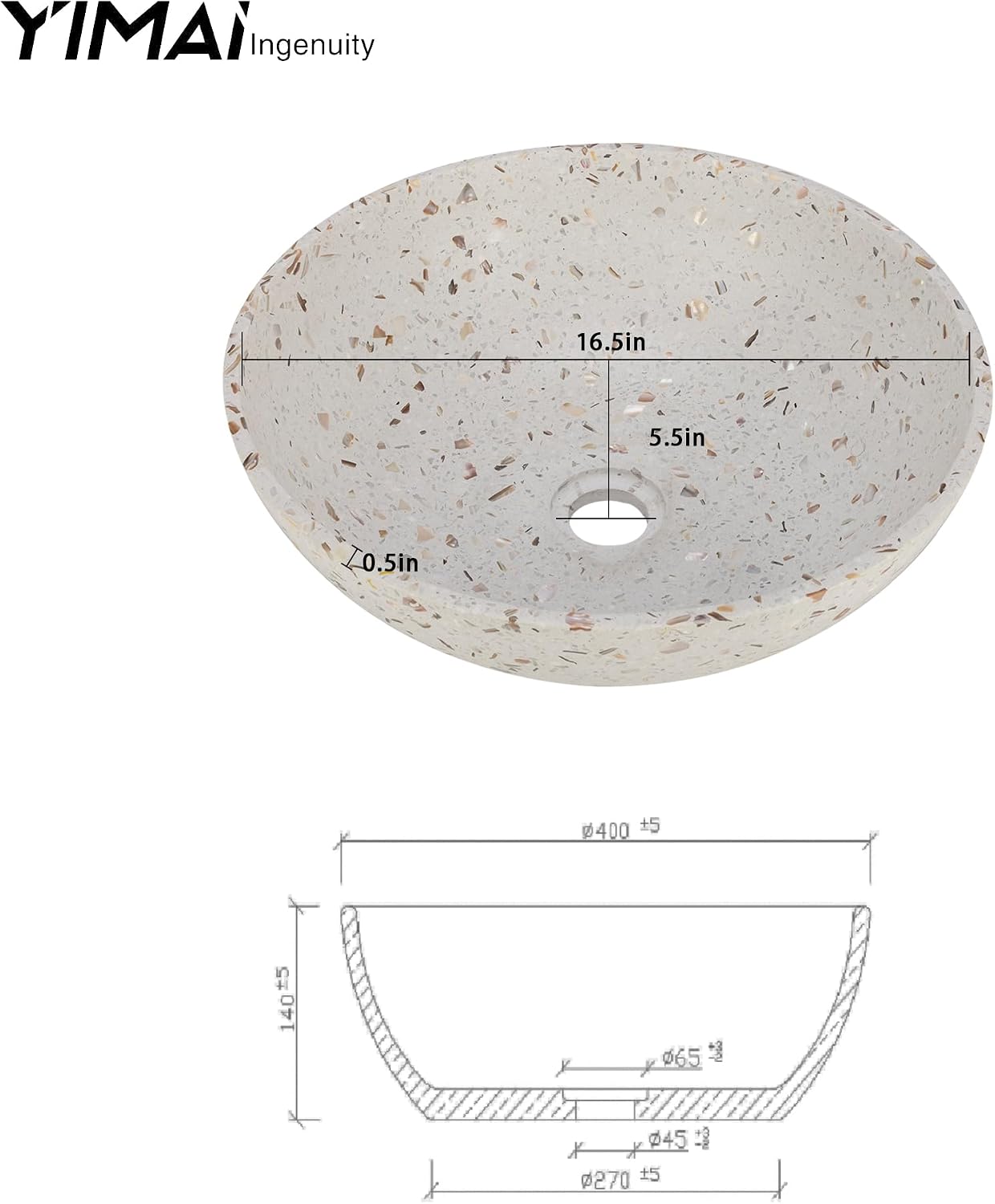 YIMAI Terrazzo Vessel Sink with Faucet and Drain, 15.7' Round Concrete Bathroom Sink Above Counter, Modern Artisanal Wash Basin Bowl with Matte Finish, Easy Install Combo Set for Vanity