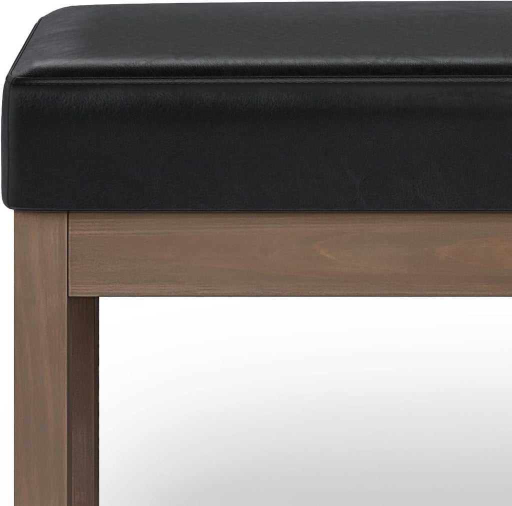 SIMPLIHOME Milltown Large Ottoman Bench - 44 inch Wide Upholstered Vegan Leather Rectangle Footstool Ottoman in Midnight Black, Contemporary Bench for Bedroom with Cushioned Seat, Assembled