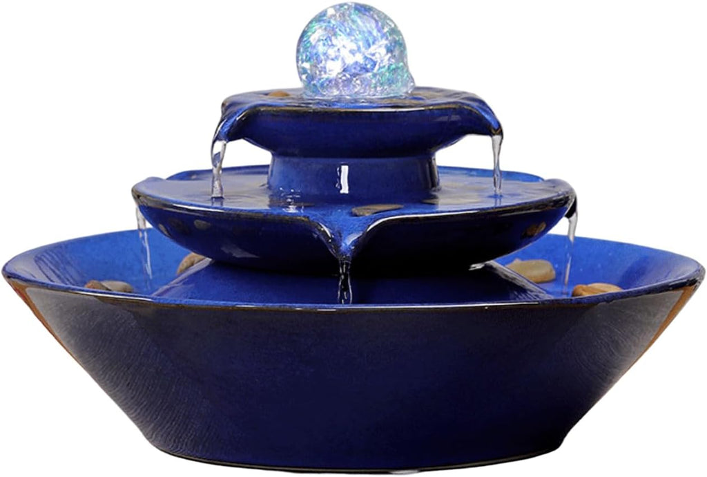 11.8' Indoor Tabletop Fountain, Ceramic Multi-Tier Waterfall with Crystal Ball & Fish Tank Feature, Free 10pcs Natural Crystals, Zen Home/Office/Entryway Decor, Housewarming Gift(Blue)