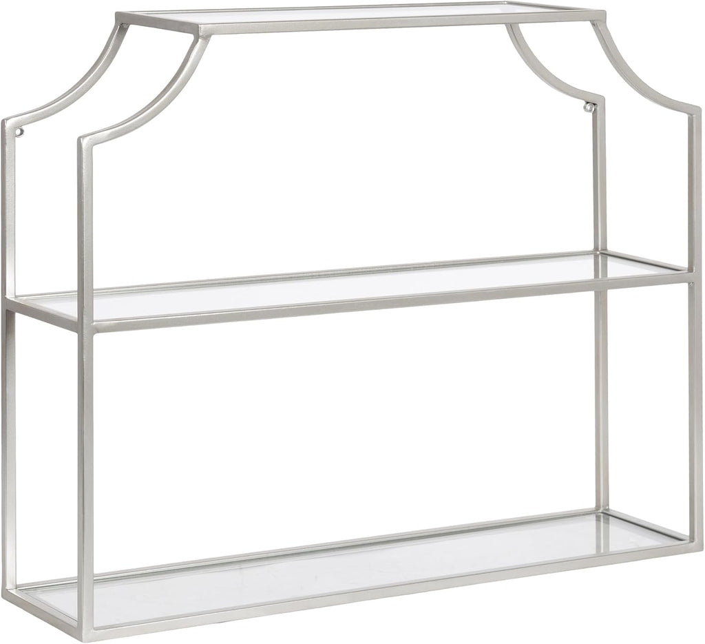 Kate and Laurel Ciel Modern Glam Wide Two-Tier Wall Shelf, 24 x 20, Silver, Tiered Bathroom Shelves for Over the Toilet Storage or Bedroom Makeup Organizer