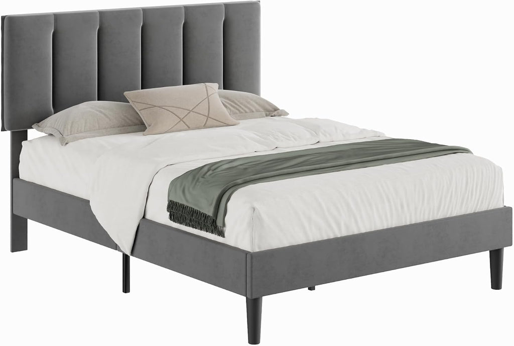 VECELO Queen Bed Frame with Upholstered Headboard, Heavy-Duty Platform Bedframe with Strong Wooden Slats Support, No Boxing Spring Needed, Dark Grey