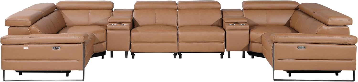 BlackJack Furniture Antonio 8 Piece U Shaped Power Reclining Sectional Sofa, Modular Couch with Top Grain Italian Leather, 4 Electric Recliners, USB & Wireless Chargers, Storage Console, Cognac
