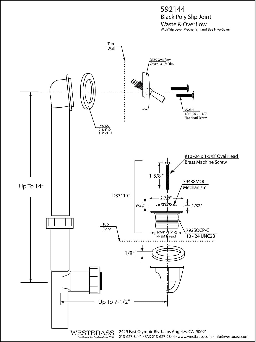 Westbrass Y592144-4-12 1-1/2' x 14' Black Tubular Bath Waste & Overflow Assembly with Trip Lever and Beehive Strainer Grid Drain, Oil Rubbed Bronze (4-Pack)