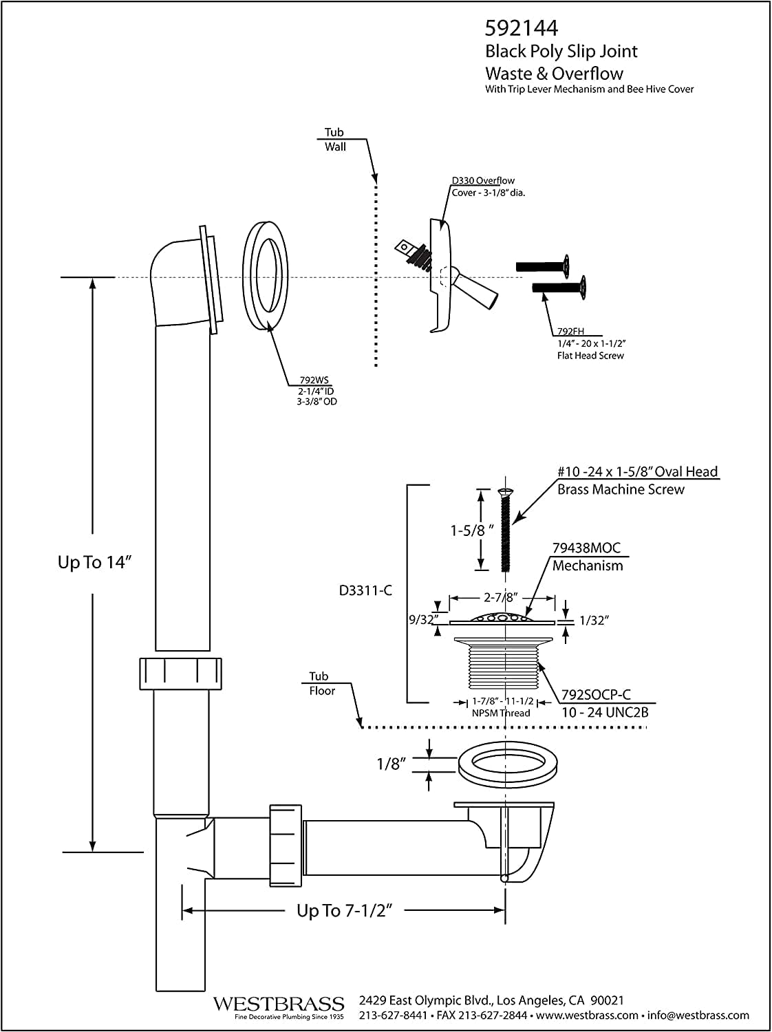 Westbrass Y592144-4-12 1-1/2' x 14' Black Tubular Bath Waste & Overflow Assembly with Trip Lever and Beehive Strainer Grid Drain, Oil Rubbed Bronze (4-Pack)