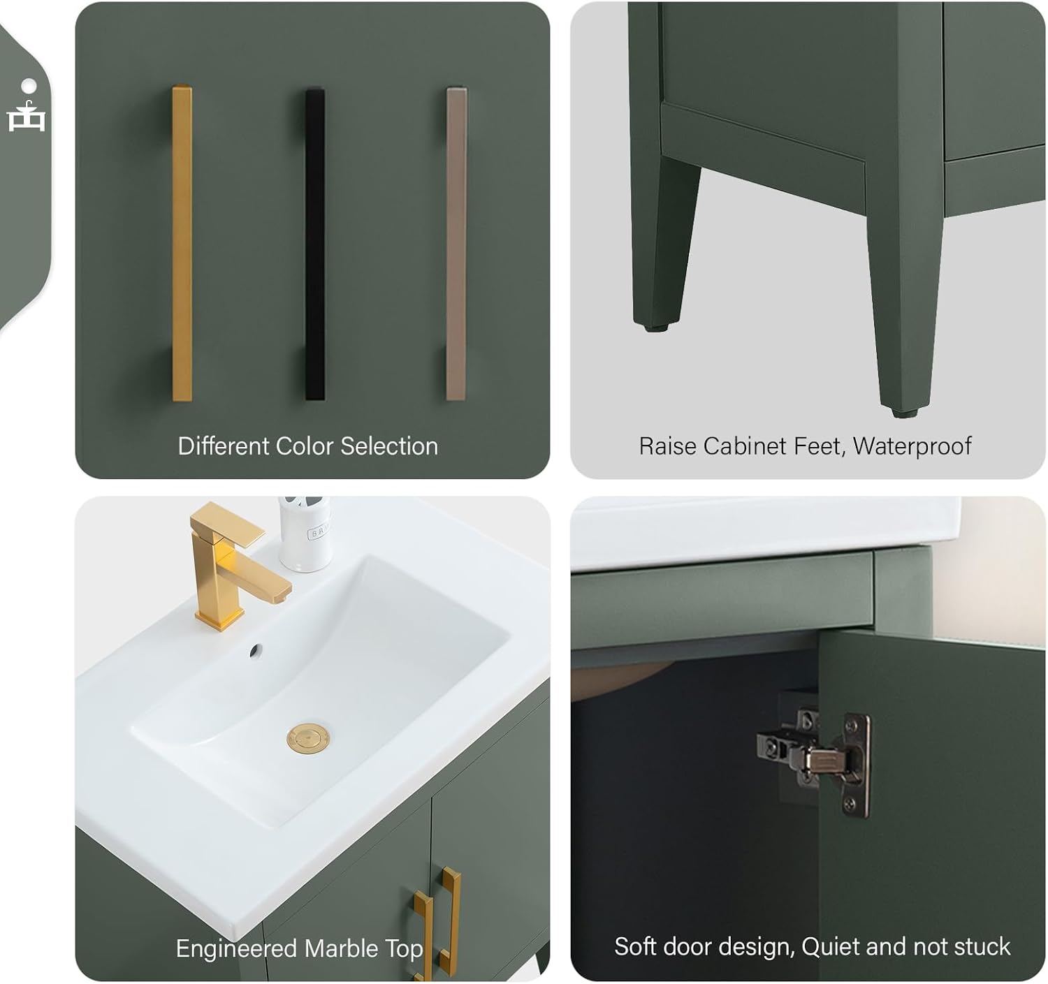 Vanity Art 30 inch Bathroom Vanity with Single Sink & Ceramic Top, Vanity Cabinet with Soft-Closing Doors, Solid Wood Frame, Vintage Green, VA9030-VG-BN1