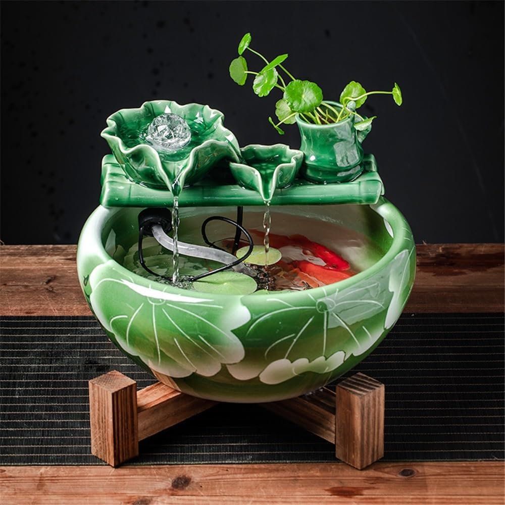 Desktop Fountain Feng Shui Ornament Ceramic Desktop Fish Tank Tabletop Fountain Water Feature Office Decor(Large)