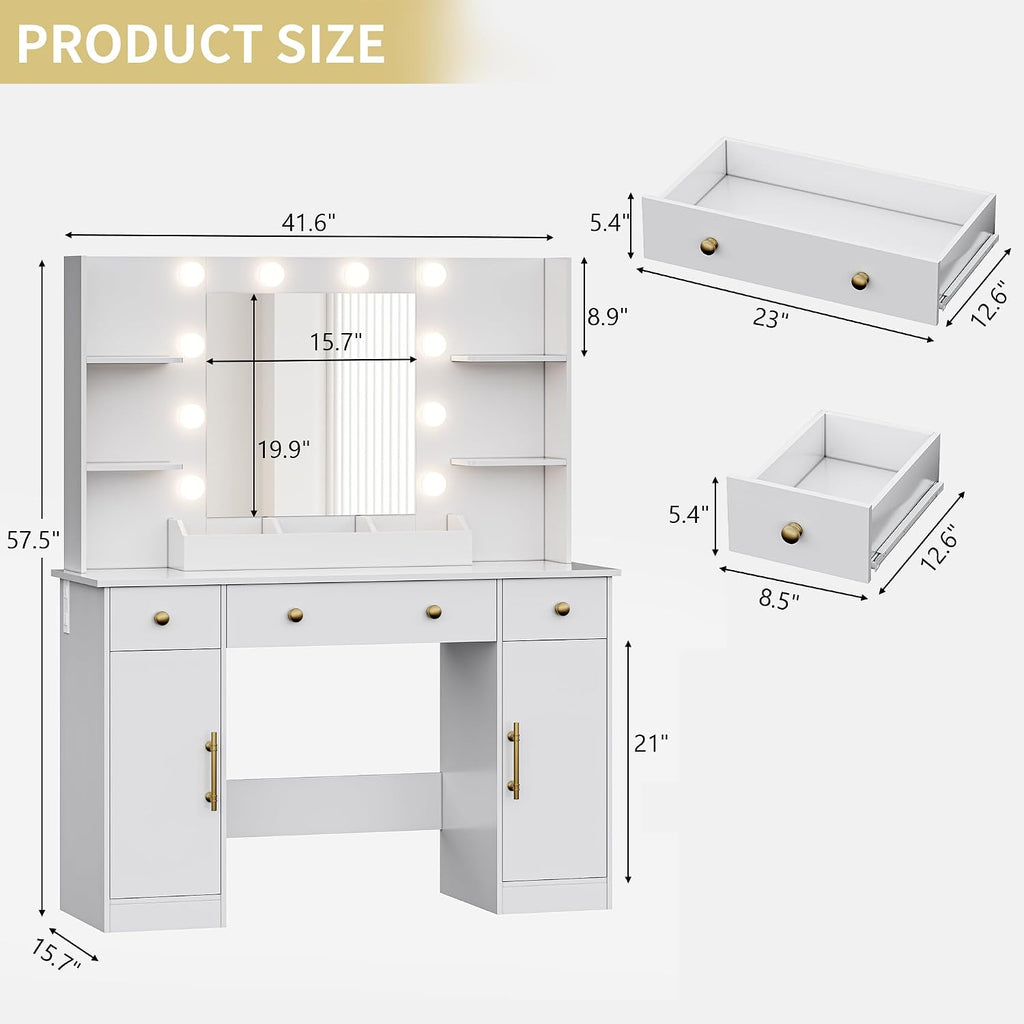 Vanity Desk with Mirror and Lights, 43'' Makeup Dressing Table Set with 5 Drawers & Power Outlet, 3 Lighting Modes Brightness Adjustable, Vanity with RGB Ambient Light for Women Girls Bedroom, White