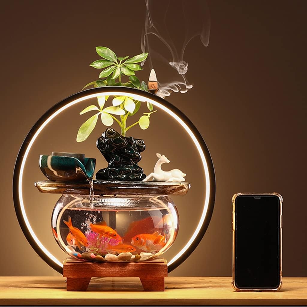 House Decorative Items Tabletop Fountain Waterfall Fountain with Lamp Circle and Fish Tank Office Home Decoration Tabletop Flowing Water Decoration Tabletop W,A