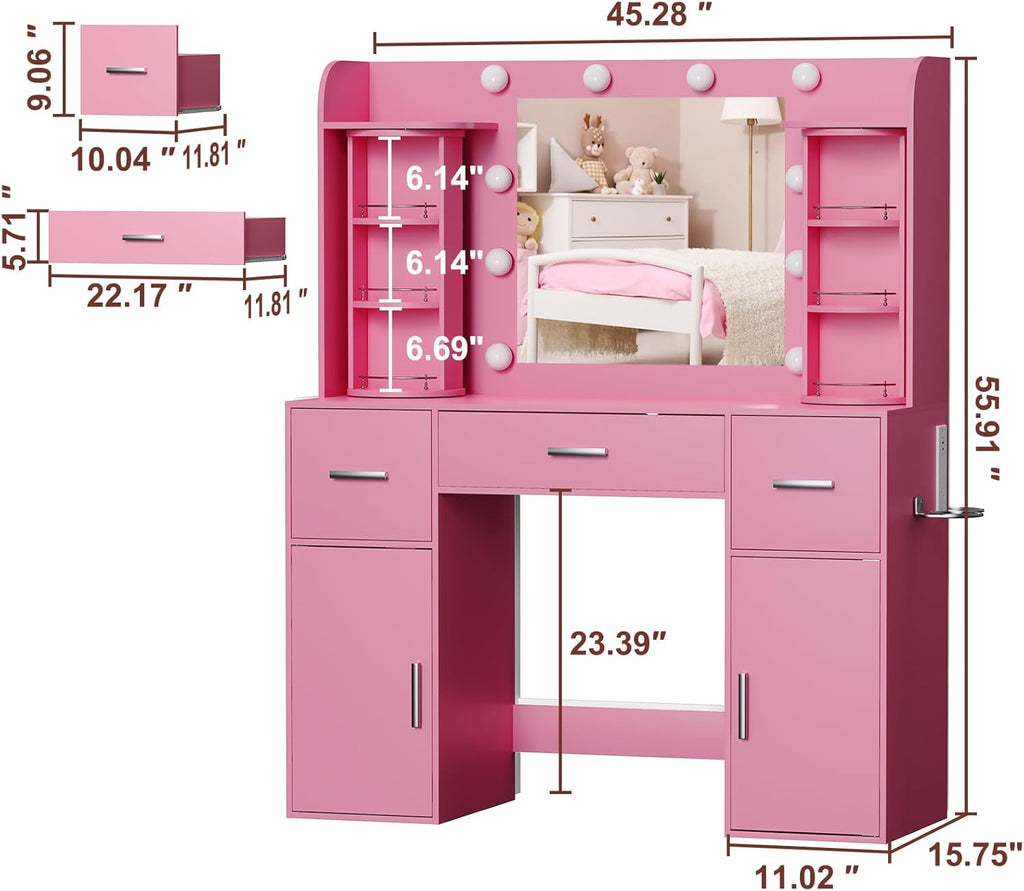 EasyCom Makeup Vanity Desk with Mirror and Lights, Vanity with Rotating Jewelry Organizers, Dressing Table with USB-C Charging Station, 3 Drawers and 2 Cabinets for Bedroom, Dressing Room, Pink