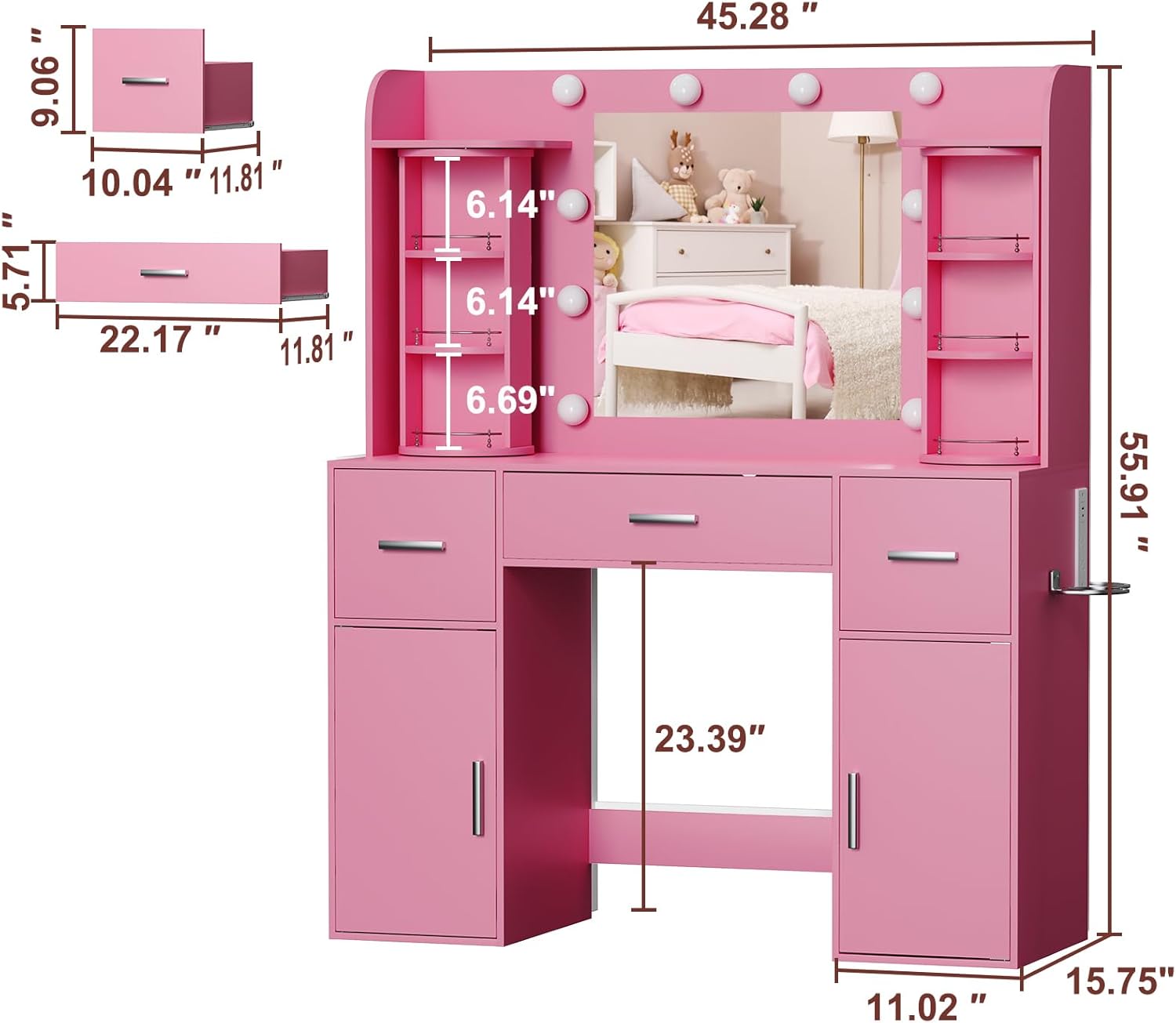 EasyCom Makeup Vanity Desk with Mirror and Lights, Vanity with Rotating Jewelry Organizers, Dressing Table with USB-C Charging Station, 3 Drawers and 2 Cabinets for Bedroom, Dressing Room, Pink