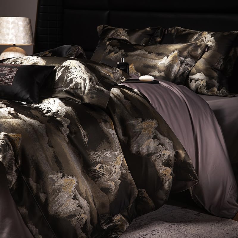 100% Long Staple Cotton Luxury 6-Piece Set, Elegant Black and Gold Satin Bedding Set, 3D Embroidered Jacquard, Quilt Cover，Sheet+2 Pillowcases and 2 Cushion Covers (Jinshan,Full)