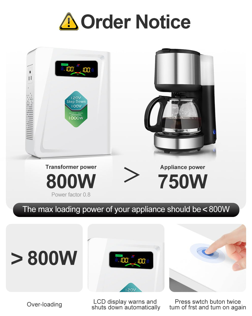 ZHENGXI 120v to 100v Step Down Transformer 1000W Power Voltage Converters, No Noise, Ten Protection Functions,Using Japan Appliances in US
