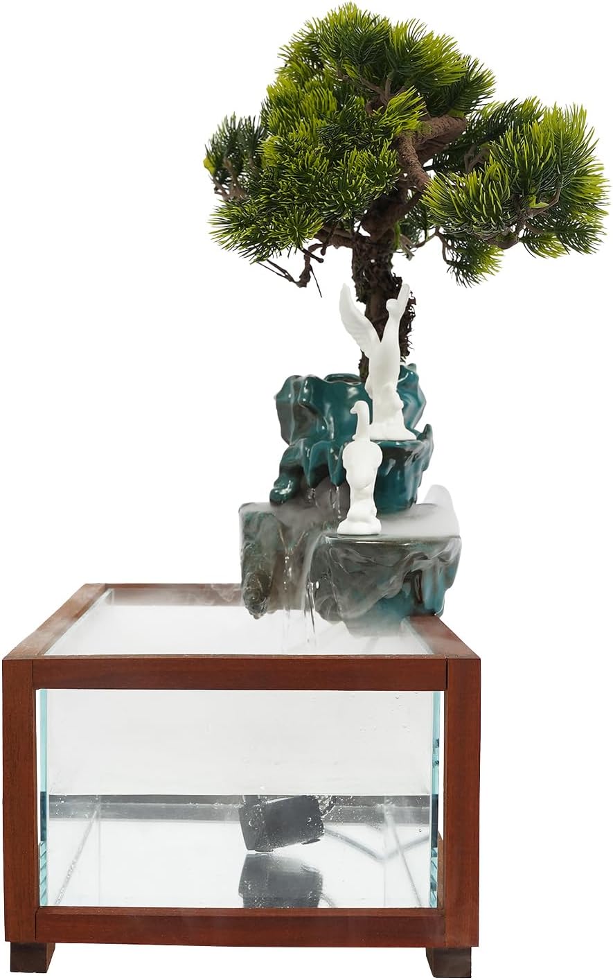 Tabletop Water Fountains, H13.4in Indoor Waterfall Clear Fish Tank, Backflow Incense Holder Feng Shui Decor for Meditation Living Room, Fish Tank Size W18.9*D9.8*H6.7in