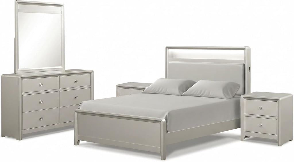 Furniture of America Standin Modern Wood 5-Piece Bedroom Set with LED on Bookcase Headboard, USB-A and USB-C on Both Sides, Brushed Nickel Finish, Box Spring Needed, Queen, Champagne