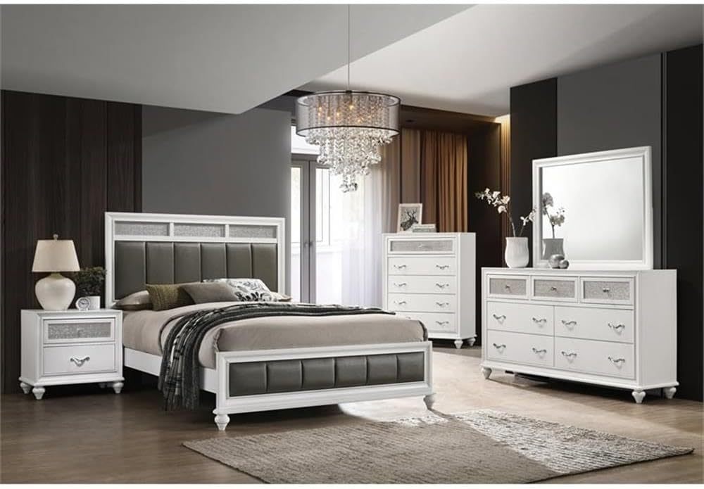 Pemberly Row 5-Piece Eastern King Wood Bedroom Set, White Finish with Gray Faux Leather Upholstery, Panel Bed, Nightstand, Dresser, Mirror, Chest, Glam Style for Transitional Bedroom Decor