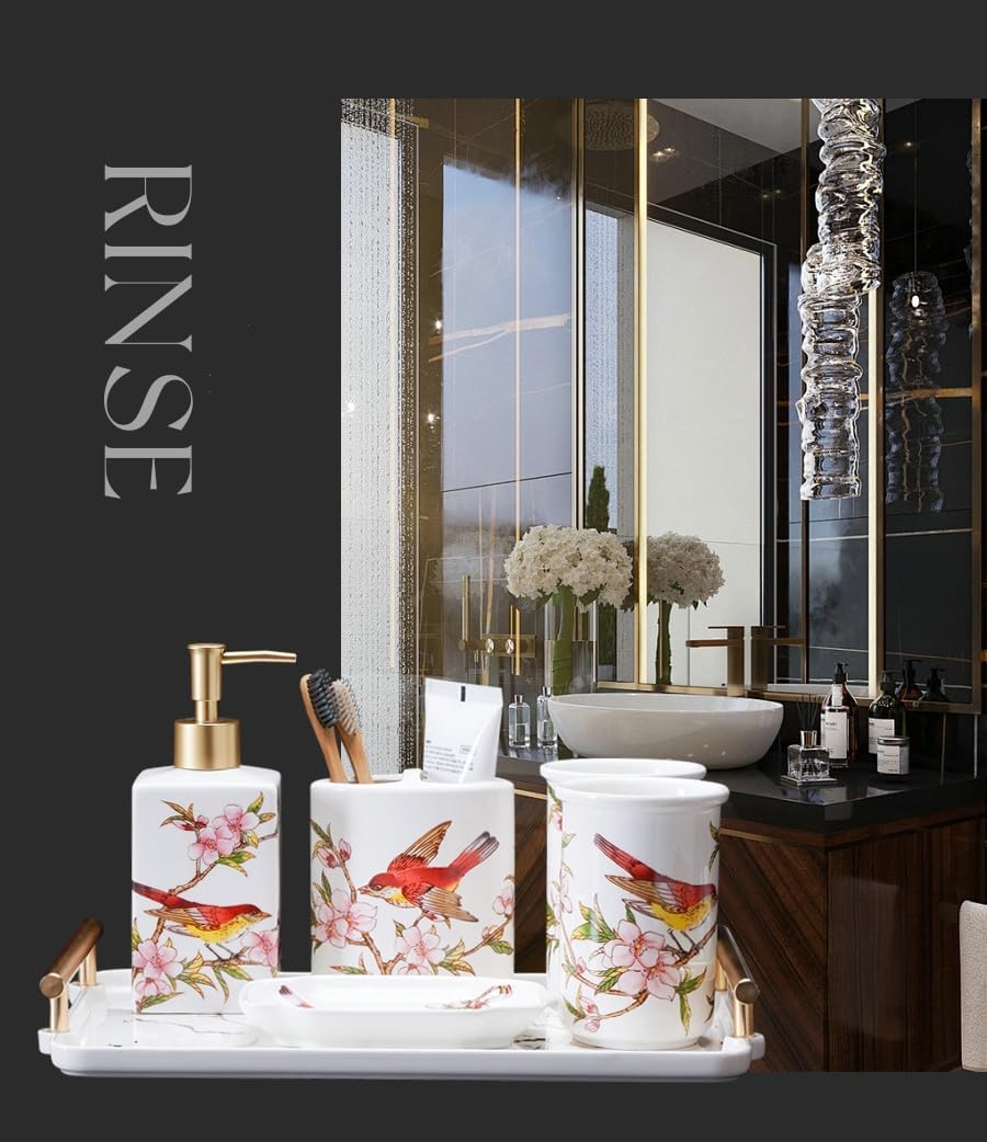 Bathroom Decor,Rustic Bathroom Accessories Set Easter Decor Bathroom Soap Dispenser Set Home Decor Aesthetic Rustic Bathroom Decor Boho Farmhouse Western Apartment Decor 5-Piece Magpie Washbasin Set