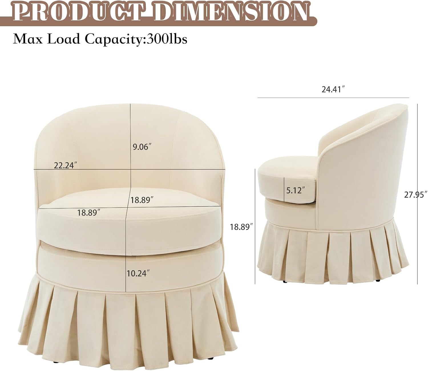 GarveeHome Vanity Stool, Upholstered Tall Back Arm Chair w/Side Pockets, Wood Legs Comfortable Dressing Piano Bench Chair for Vanity for Makeup Room, Bathroom