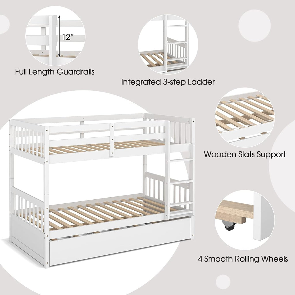 KOMFOTT Wood Twin Over Twin Bunk Bed with Trundle, Solid Pine Wood Bunk Bed Frame with Ladder & Safety Guardrails, Space-Saving Convertible Twin Bed Frame for Home & Dormitory, No Box Spring Needed