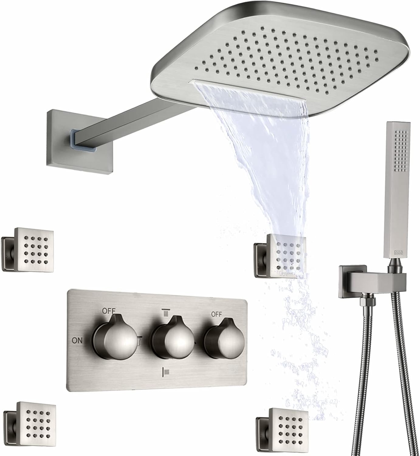 Brushed Waterfall Rain Shower Head With Handheld Spray Wall Mounted Brass 8X10 Inch Rainfall Showers System Massage Spa Body Combo Set