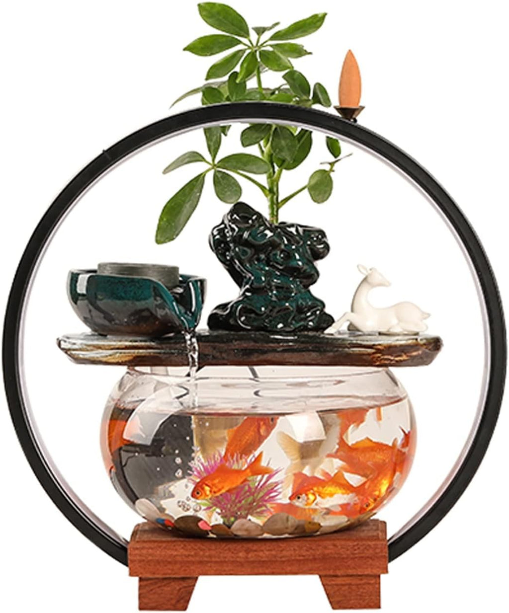Indoor Fountain/Water Fountain Indoor Relaxation Desktop Ceramic Tabletop Fountain with Glass Fish Tank, Wooden Base and Led Light, Indoor Zen Desktop Relaxin,Grey