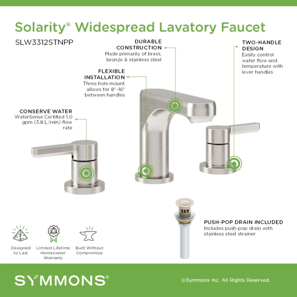 Symmons Solarity Two Handle Widespread Bathroom Sink Faucet with Push Pop Drain in Satin Nickel