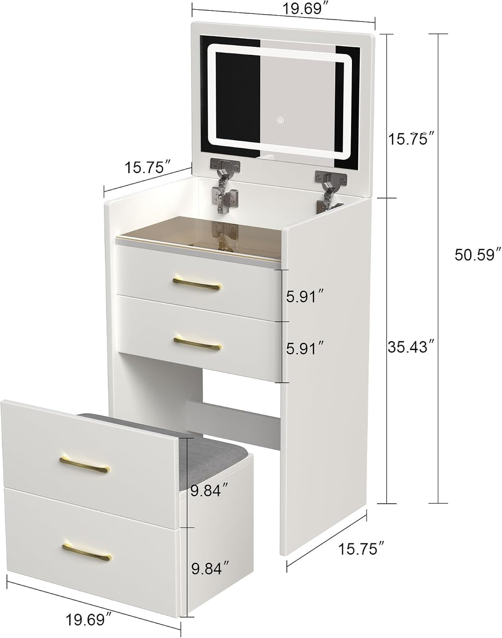 3 in 1 Vanity Desk with Plip Top Mirror and Lights,Small Make Up Vanity Set with Visible Glass Desktop,Compact Makeup Vanity with 3 Drawers,Dressing Table for Bedroom,White