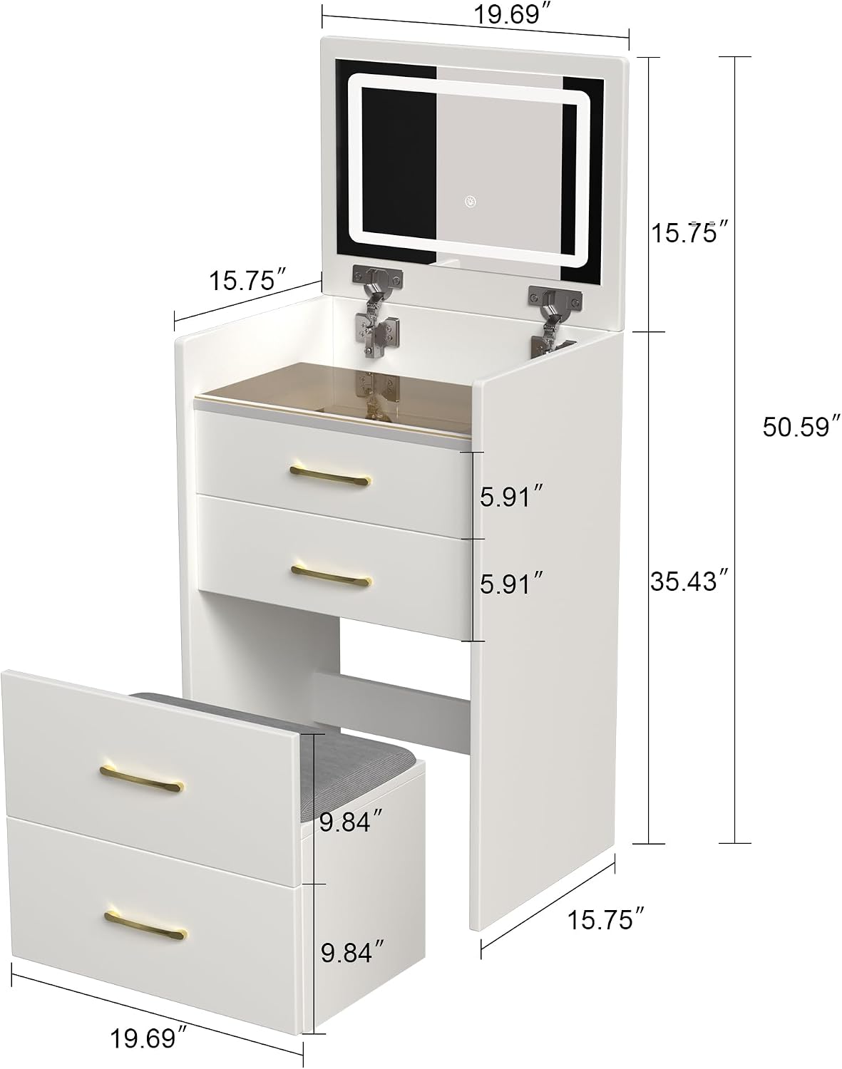 3 in 1 Vanity Desk with Plip Top Mirror and Lights,Small Make Up Vanity Set with Visible Glass Desktop,Compact Makeup Vanity with 3 Drawers,Dressing Table for Bedroom,White