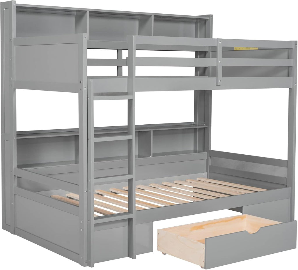 RUNNA Unique Solid Wood Bunk Bed with Storage Drawer and Built-in Shelves,Twin Size Bunk Bed with Safeguard Railings and Ladder,for Kids Teens Bedroom Use (Gray#q)