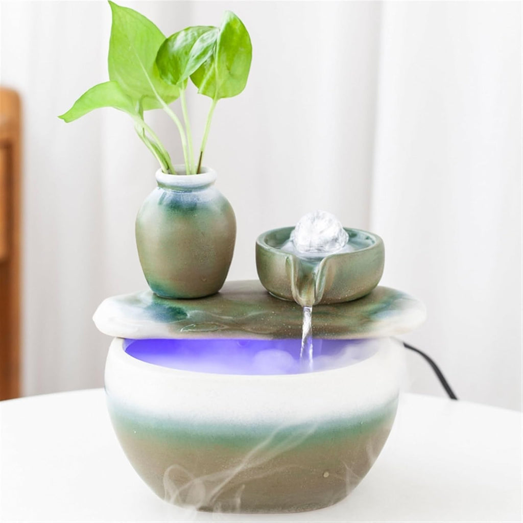 Ceramics Tabletop Water Fountain with Crystal Ball for Indoor Use, Tabletop Fountain Relaxing Ambient Sound Flowing Ornaments Fish Tank Fountain(White,with Atomizer-D)