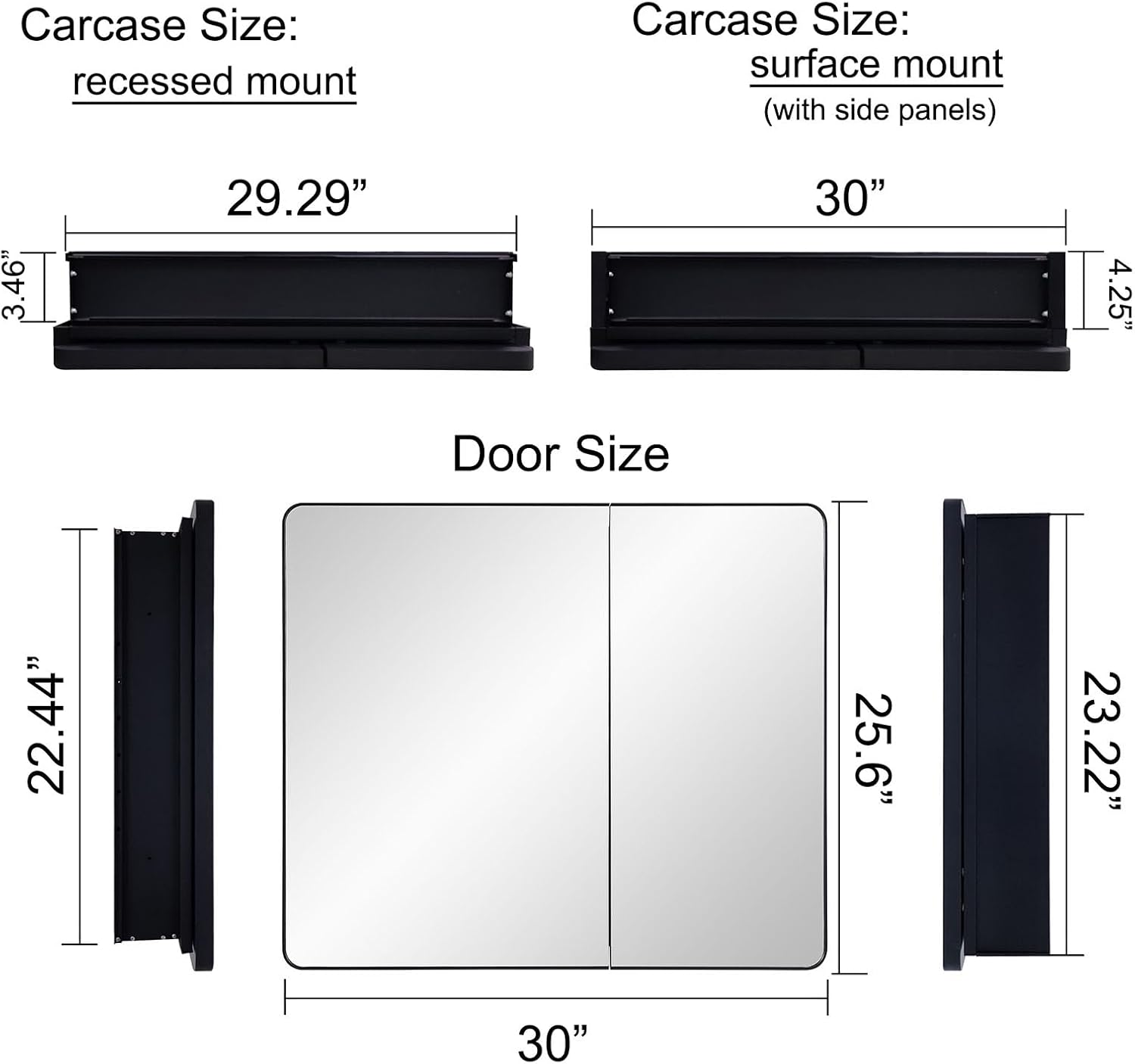 IDYLLOR Black Bathroom Mirror Medicine Cabinet with Round Corner Framed Door 30 x 25.6 inch, Recessed or Surface Mount, with Adjustable Glass Shelves