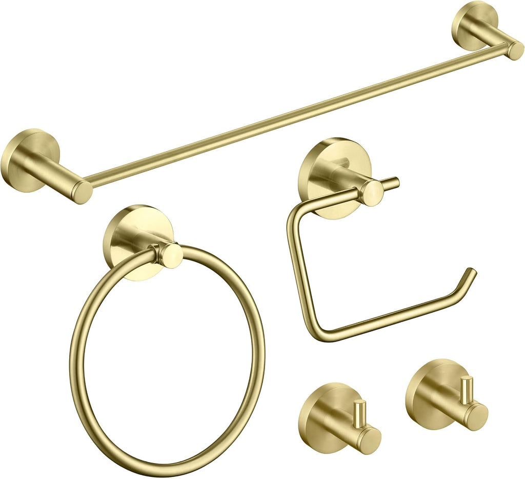 KIBI 5 Piece Circular Bathroom Hardware Set Bathroom Accessories Set | Towel Bar (18'), Towel Ring, Toilet Paper Holder, Robe Hooks (Brushed Gold) (C-KBA14-5-4)
