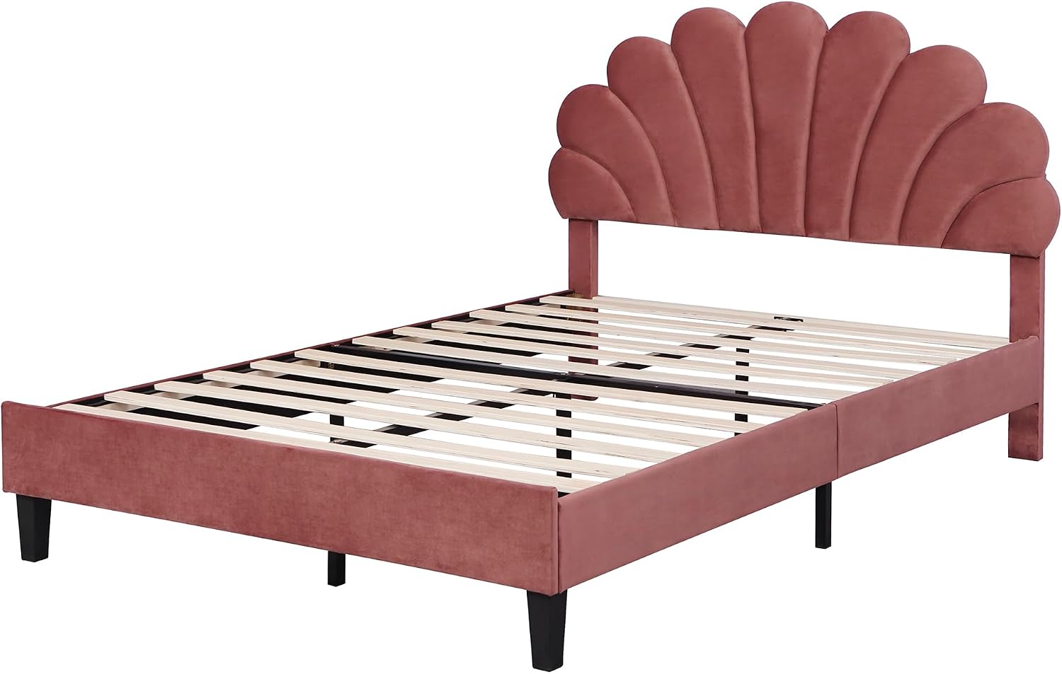 Harper & Bright Designs Full Size Upholstered Platform Bed with Flower Pattern Velvet Headboard, Bean Paste Red