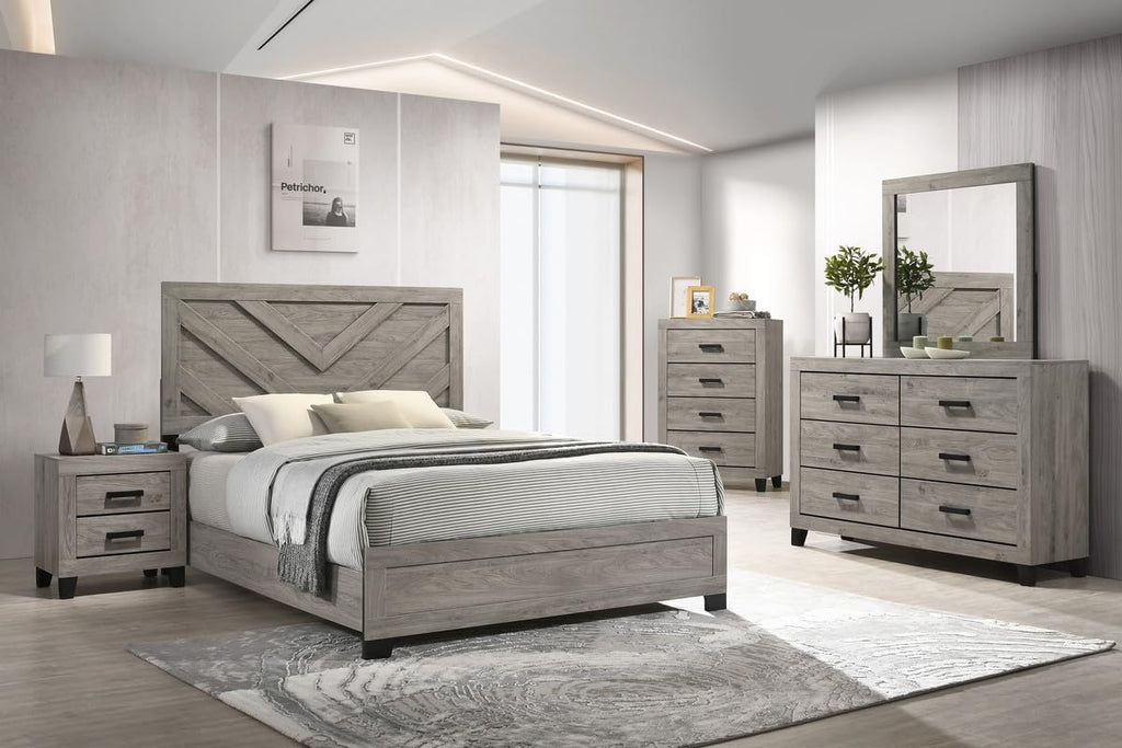 Furniture Rustic Charm Bedroom Set with Chevron Panel Headboard