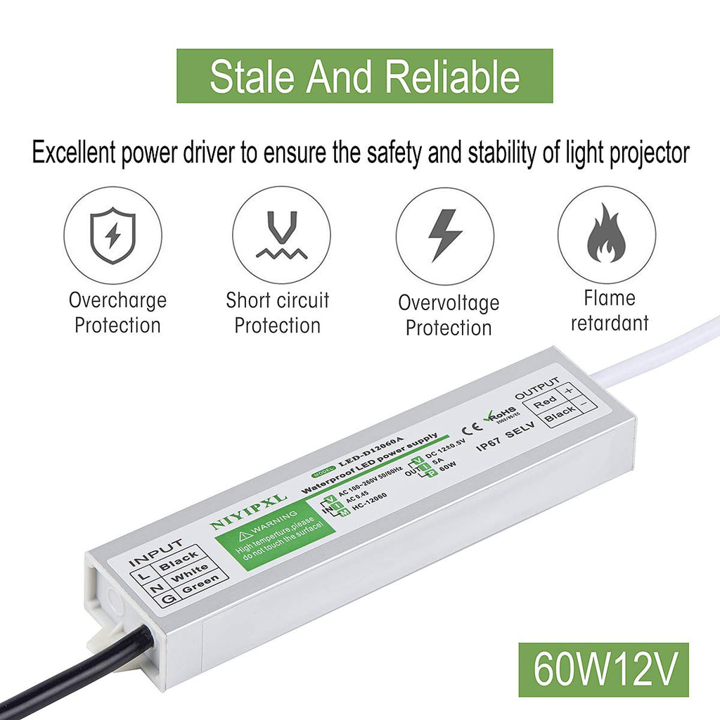 （Pack of 6） LED Driver 60 Watts Waterproof IP67 Power Supply Transformer Adapter 100V-260V AC to 12V DC Low Voltage Output for LED Light, Computer Project, Outdoor Light and Any 12V DC led Lights