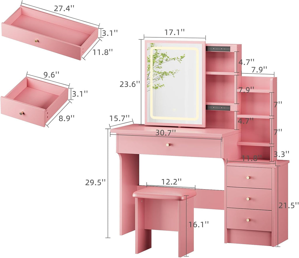 Memobarco Vanity Desk with Mirror and Lights, Makeup Vanity with 3 Adjustable Lighting Modes, Small Vanity Desk with Sliding Mirror, 4 Drawers, 7 Shelves, Vanity Chair for Bedroom, Pink
