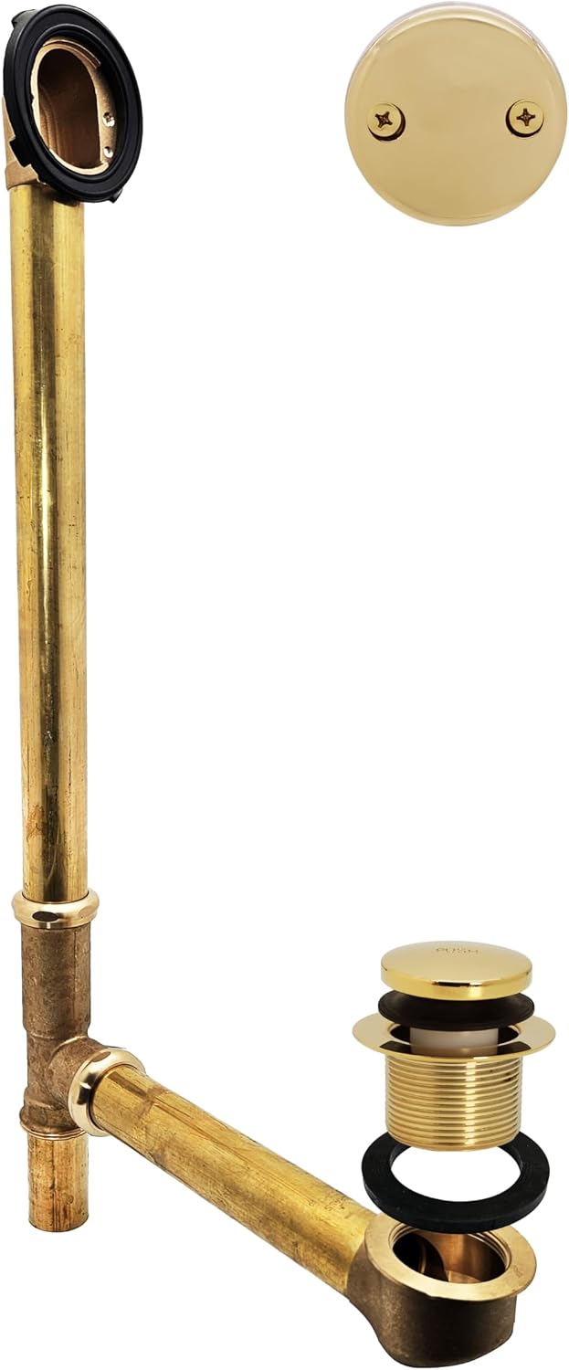 Westbrass A326-01 22-1/2' Brass Bath Waste & Overflow Assembly with Tip-Toe Drain Plug and 2-Hole Faceplate, Polished Brass