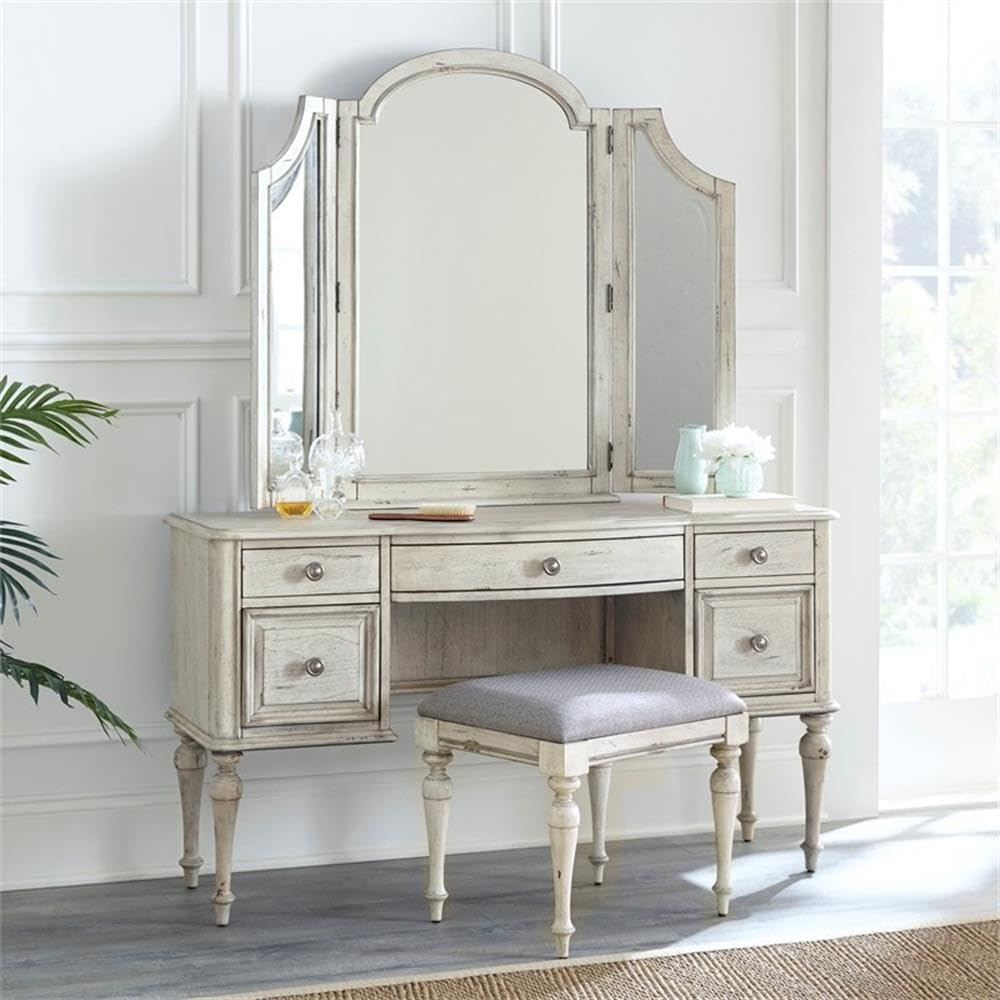 Pemberly Row Farmhouse Distressed Rustic Ivory Wood Vanity Bench, Solid Wood Frame, Dove Gray Upholstered Seat, Tapered Turned Legs, 18' H x 20' W x 16' D, Bedroom or Dressing Area Seating