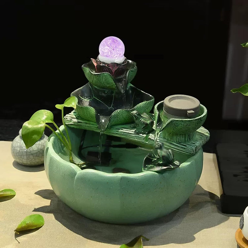 Desktop Fountain Tabletop Water Fountain with Rotating Ball and Pump Lotus Flower Leaf Cascading Waterfall Design Indoor for Office Home Décor, Green(Large)