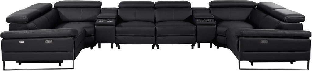 BlackJack Furniture Antonio 8 Piece U Shaped Power Reclining Sectional Sofa, Modular Couch with Top Grain Italian Leather, 4 Electric Recliners, USB & Wireless Chargers, Storage Console, Black