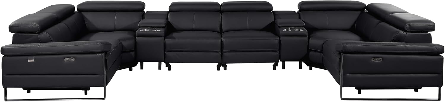 BlackJack Furniture Antonio 8 Piece U Shaped Power Reclining Sectional Sofa, Modular Couch with Top Grain Italian Leather, 4 Electric Recliners, USB & Wireless Chargers, Storage Console, Black